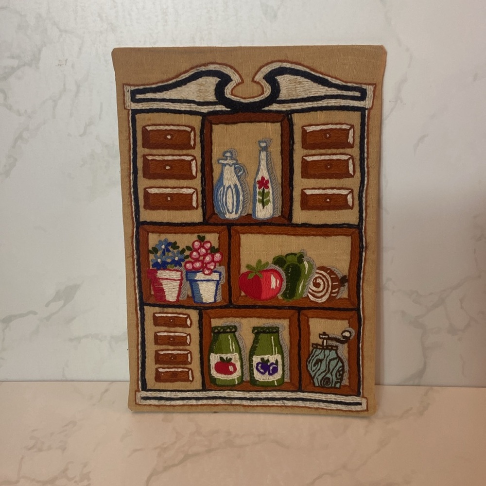 Vintage Hand Embroidered Art Work 80's Embroidery Kitchen Scene Fabric Home - Picture 2 of 6